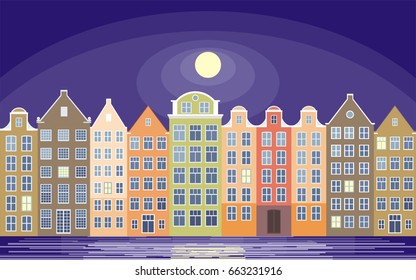 Image of the street of the European city. Old houses on the bank of the channel. Vector illustration.