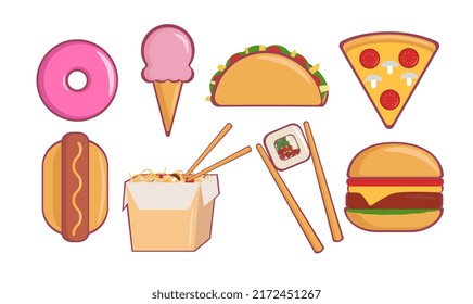 Image of street food. Ice cream, donut, tacos, pizza, hot dog, noodles, sushi.