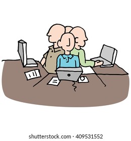 Una imagen de un ambiente laboral estresante y lleno de gente.