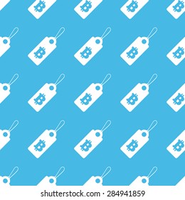 Image of string tag with bitcoin symbol, repeated in straight lines on blue background