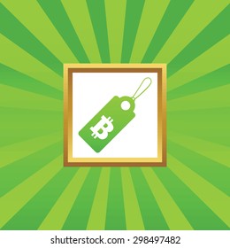 Image of string tag with bitcoin symbol in golden frame, on green abstract background