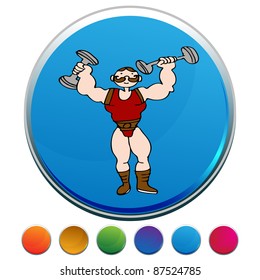 An image of a strongman on a colorful button.