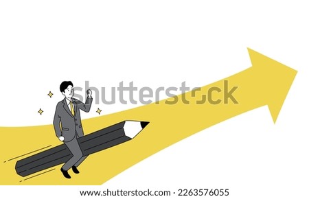 Image of study and exam, illustration of man on pencil and arrow, copy space, vector