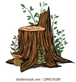 The Image Of The Stump With Mushrooms And Foliage, Vector. Stump.