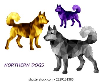 image in the style of low poly, three multi colored dog, husky, for decoration and stickers