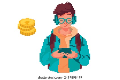 The image is in the style of pixel art and in the style of old 8-bit games. Concept for investment. A young man in glasses and headphones sells digital assets via phone.