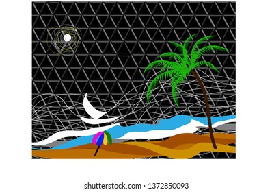 Image of a stylized beach in the southern countries with a palm tree, sun umbrella, sailboat. Background from volumetric dies of black color, creating a volume of illustration. Vector.