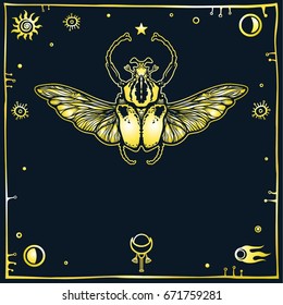 Image of the stylized bug Goliath, a decorative frame, space symbols. Esoteric, mysticism, occultism. Gold imitation. Print, poster, t-shirt, card. Vector illustration. The place for the text.