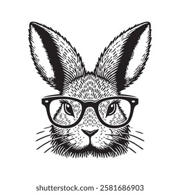 The image is a stylized, cartoonish illustration of a rabbit wearing glasses. The rabbit has large, pointed ears and a textured fur pattern. Design for clothing, packaging. Vector