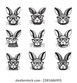 The image is a stylized, cartoonish illustration of a rabbit wearing glasses. The rabbit has large, pointed ears and a textured fur pattern. Design for clothing, packaging. Vector