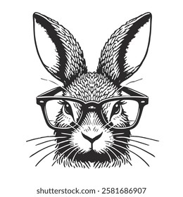 The image is a stylized, cartoonish illustration of a rabbit wearing glasses. The rabbit has large, pointed ears and a textured fur pattern. Design for clothing, packaging. Vector