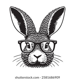 The image is a stylized, cartoonish illustration of a rabbit wearing glasses. The rabbit has large, pointed ears and a textured fur pattern. Design for clothing, packaging. Vector