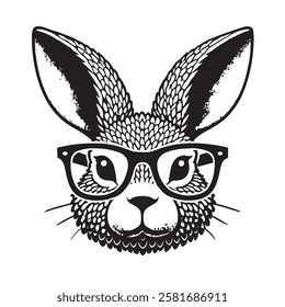 The image is a stylized, cartoonish illustration of a rabbit wearing glasses. The rabbit has large, pointed ears and a textured fur pattern. Design for clothing, packaging. Vector