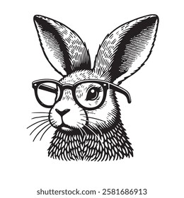 The image is a stylized, cartoonish illustration of a rabbit wearing glasses. The rabbit has large, pointed ears and a textured fur pattern. Design for clothing, packaging. Vector