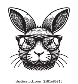 The image is a stylized, cartoonish illustration of a rabbit wearing glasses. The rabbit has large, pointed ears and a textured fur pattern. Design for clothing, packaging. Vector