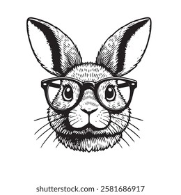 The image is a stylized, cartoonish illustration of a rabbit wearing glasses. The rabbit has large, pointed ears and a textured fur pattern. Design for clothing, packaging. Vector