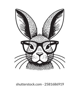 The image is a stylized, cartoonish illustration of a rabbit wearing glasses. The rabbit has large, pointed ears and a textured fur pattern. Design for clothing, packaging. Vector