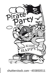 the image of a stylized child pirate, cat, mouse, parrot, shark, treasures, solid color, freehand drawing