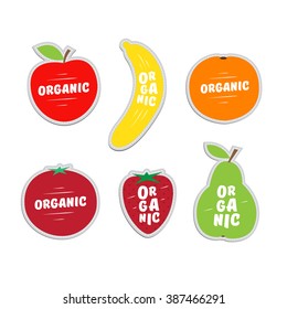Image stylized fruit on stickers with the word organic