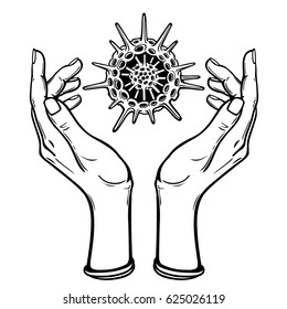 Image the stylized hands hold a skeleton of a radiolaria. Coloring book. Vector illustration isolated on a white background.