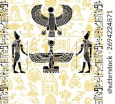 The image is a stylized illustration featuring a collection of ancient Egyptian symbols and deities. The central focus is on the falcon-headed god Horus, a prominent deity in Egyptian mythology