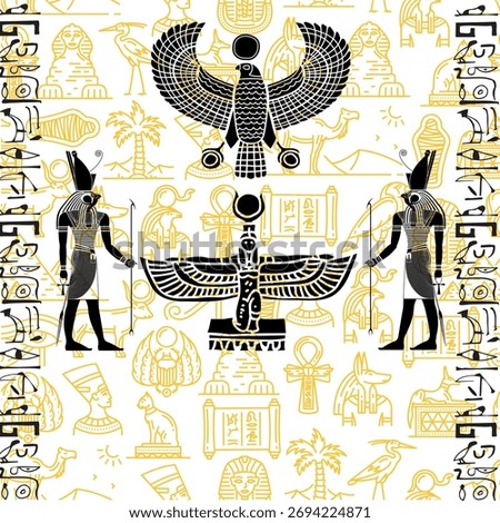 The image is a stylized illustration featuring a collection of ancient Egyptian symbols and deities. The central focus is on the falcon-headed god Horus, a prominent deity in Egyptian mythology