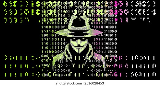 The image is a stylized pixel art portrait of an Anonymous person wearing a mask, often associated with hacking, cybersecurity.