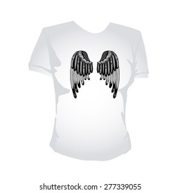 Image stylized print wings on white women t-shirt, vector Illustration.