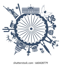 Image of the stylized symbols of America, arranged in a circle. Vector