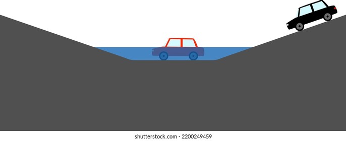 Image of a submerged car due to flooding of the underpass (from the side)