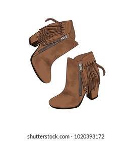 The image of suede spring heels shoes.  Hand drawn vector illustration. 