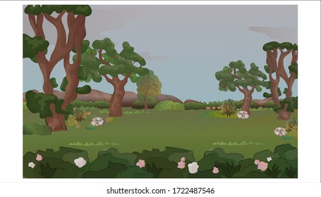 Bild einer Sommergraswiese mit Blumen, Bäumen und Sträuchern.