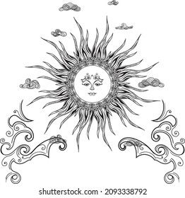 image of the sun with its face between the clouds.