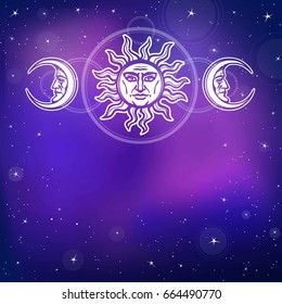 The image of the sun and the moon with human faces. Ancient symbols. Esoteric, mystic, occultism. Background - the night stellar sky. Vector illustration. Place for the text. 