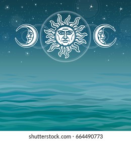 The image of the sun and the moon with human faces. Ancient symbols. Esoteric, mystic, occultism. Background - sea landscape. Vector illustration. Place for the text. 