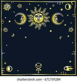 Image of the sun and the moon with human faces.Decorative frame, space symbols. Esoteric, mysticism, occultism. Gold imitation. Vector illustration. The place for the text.