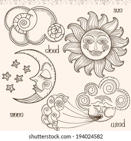 Image of the sun, moon, wind and clouds. Hand drawing. 