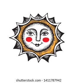 The image of the sun in retro style. Vector illustration.