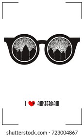 Image of sunglasses with a mandala instead of glass and a reflection of the city. I love Amsterdam. vector. It can be used as a logo, icon for Internet sites, etc.