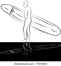 An image of a surfer with surfboard line drawing.