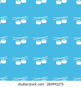 Image of sushi rolls and chopsticks, repeated in straight lines on blue background