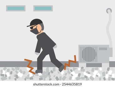 Image of a suspicious person walking on security gravel behind a house