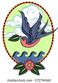 Image swallows in a beautiful box, flying over the ocean waves. Drawing in the style of Old School Tattoos