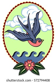 Image swallows in a beautiful box, flying over the ocean waves. Drawing in the style of Old School Tattoos