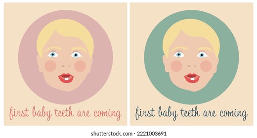 Image of sweet and cute baby girl or boy in pink and green circle, closeup portrait of cute smiling girl or boy with two teeth,  toddler. First baby teeth are coming. Parents should know information.