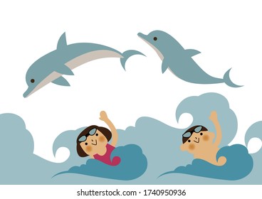 An image of swimming.
Boys and girls swimming in the sea.