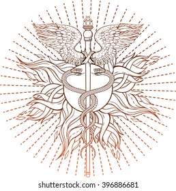 image of symbol of Caduceus with flames of fire