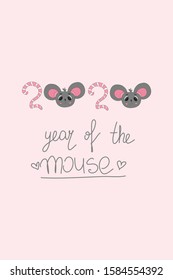 Image of symbol Chinese New Year 2020. Hand drawn silhouette small mouse. Lunar horoscope sign. Vector sketch illustration isolated on pink background, card and banner template