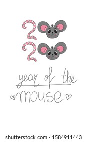 Image of symbol Chinese New Year 2020. Hand drawn silhouette small mouse. Lunar horoscope sign. Vector sketch illustration isolated on white background, card and banner template