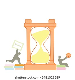 The image symbolizes the balance between time, knowledge, and money, highlighting the importance of investing in education and time management for financial success and personal growth.